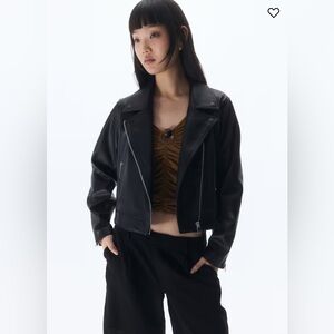 H&M Black Faux Leather Biker Moto Jacket Cropped XS NWT